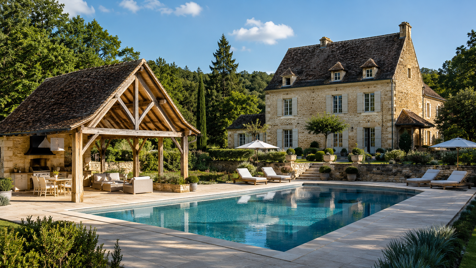 Piscine béton dans une propriété en pierre du Périgord avec pool house bois